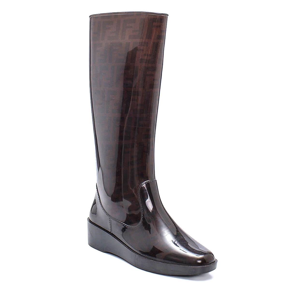 Fendi - Brown Rubber Zucca Wedge Rain Boots